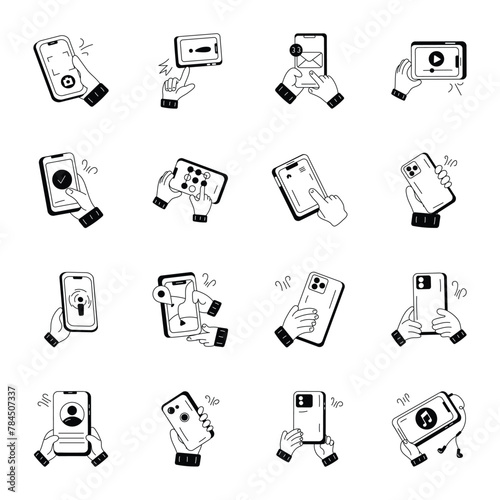 Set of 16 Holding Mobile Doodle Icons 


