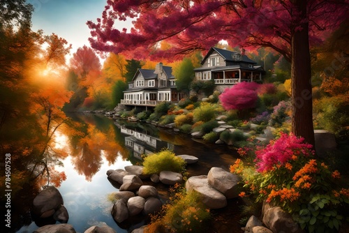 an idyllic riverside home, where colorful trees and a profusion of wild, vibrant blossoms thrive in perfect harmony. photo