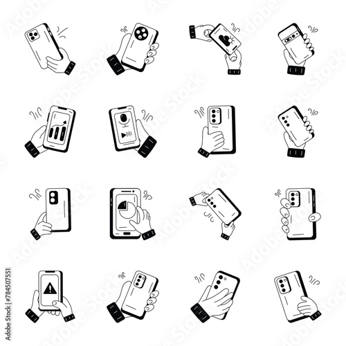 Collection of Holding Phone Doodle Icons 

