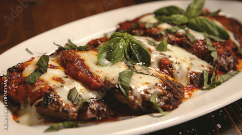Traditional argentine milanesa topped with tomato sauce and melted cheese, garnished with basil leaves