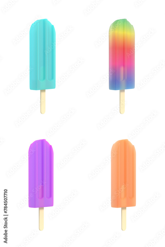 Popsicle icecream on stick set. Isolated on white background. Delicious bright colored fruity summer dessert. Graphic design element for menu, scrapbooking, poster, flyer. 3D illustration Popsicle icecream on stick set. Isolated on white background. Delicious bright colored fruity summer dessert. Graphic design element for menu, scrapbooking, poster, flyer. 3D illustration