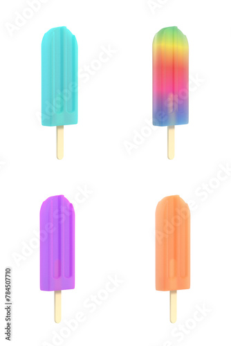 Popsicle icecream on stick set. Isolated on white background. Delicious bright colored fruity summer dessert. Graphic design element for menu, scrapbooking, poster, flyer. 3D illustration