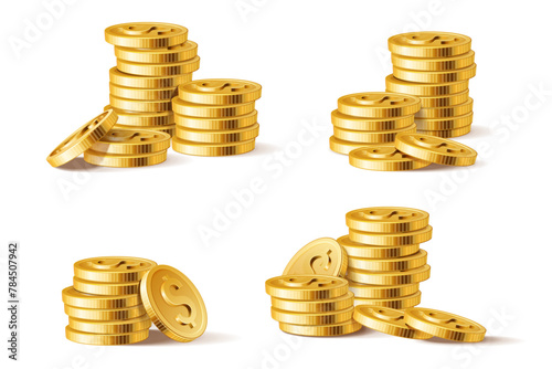 Golden coins stack. 3D Realistic shiny gold coin pile. Money stacks financial elements for gambling game or banking poster isolated on white vector set. Jackpot winnings with dollar symbols