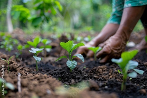 A person is kneeling in the dirt, planting small green plants in rows, using a trowel to dig holes and carefully placing each plant into the ground