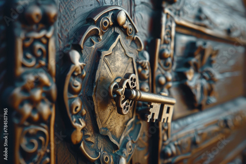 A key is shown in a close up of a gold and silver lock. The key is in the middle of the lock and is slightly bent. The lock is ornate and has a lot of detail, including a grapevine design