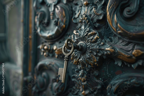 A key is hanging from a keyhole on a black door. The key is gold and silver