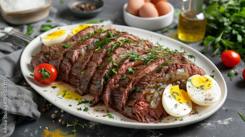 Savory sliced matambre steak with herbs and boiled eggs on a serving platter
