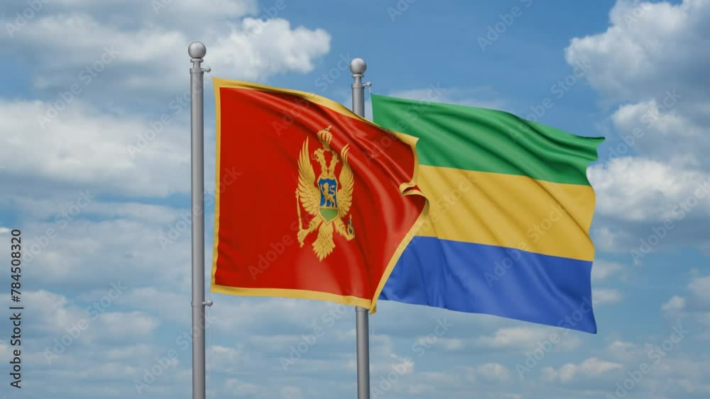Gabon and Montenegro two flags waving together, looped video, two country relations concept Gabon and Montenegro two flags waving together, looped video, two country relations concept