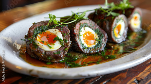 Argentinean dish of matambre stuffed with eggs and herbs on a plate photo