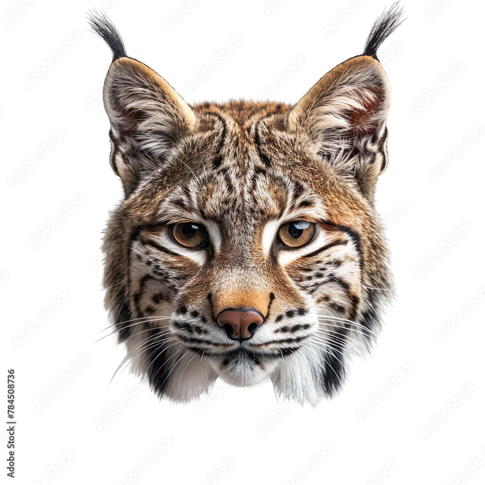 Obraz premium Extreme front view of realistic bobcat head which is mounted on a wall isolated on a white transparent background