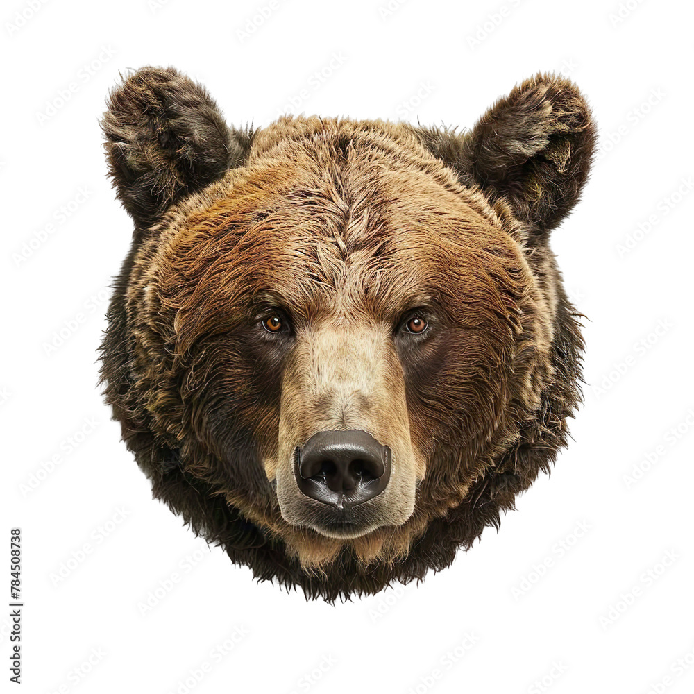Extreme front view of realistic bear head which is mounted on a wall isolated on a white transparent background Extreme front view of realistic bear head which is mounted on a wall isolated on a white transparent background