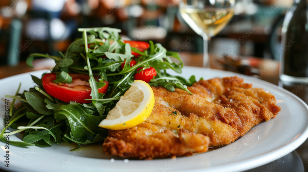 Close-up of a delicious argentine milanesa served with fresh salad and lemon, dining setting