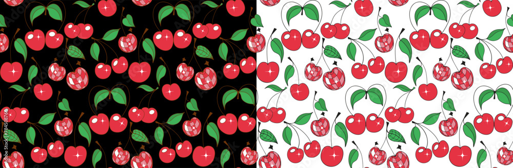 Red cherries vector seamless pattern black and white background Red cherries vector seamless pattern black and white background