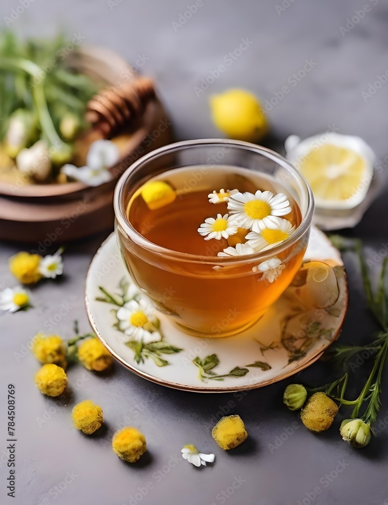 Flat lay of chamomile tea with honey, ginger, and lemon. Top view with copy space for herbal tea enthusiasts Flat lay of chamomile tea with honey, ginger, and lemon. Top view with copy space for herbal tea enthusiasts