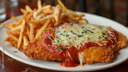 Classic argentine milanesa covered with tomato sauce and melted cheese, served with golden french fries