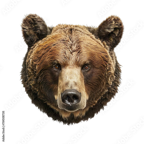 Extreme front view of realistic bear head which is mounted on a wall isolated on a white transparent background