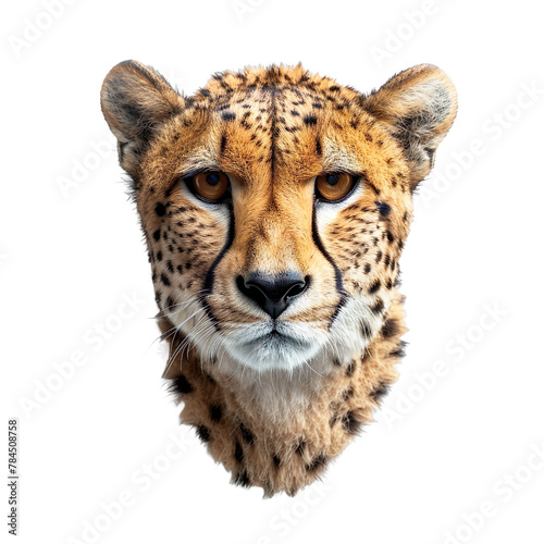 Extreme front view of realistic cheetah head which is mounted on a wall isolated on a white transparent background