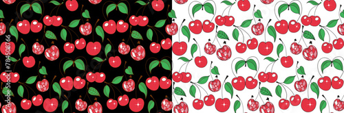 Red cherries vector seamless pattern black and white background © Lucia Fox