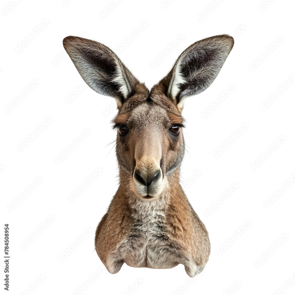 Obraz premium Extreme front view of realistic kangaroo head which is mounted on a wall isolated on a white transparent background