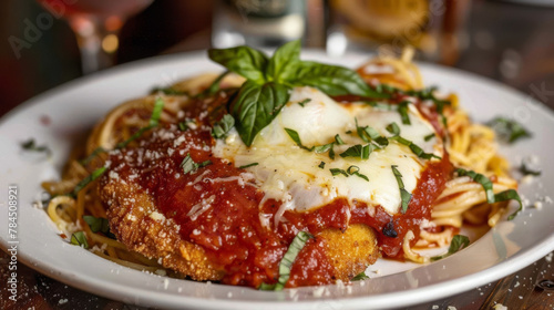 Traditional argentine milanesa topped with tomato sauce and cheese, served over spaghetti © Michael