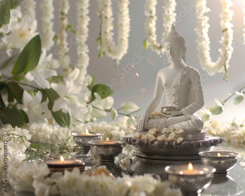 Peaceful offering at Buddha bathing flower garlands