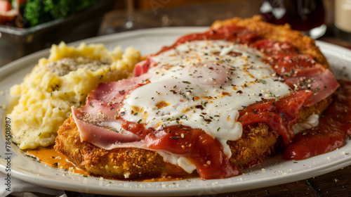 Delicious plate of argentine milanesa topped with ham, cheese, and tomato sauce, served alongside creamy mashed potatoes photo