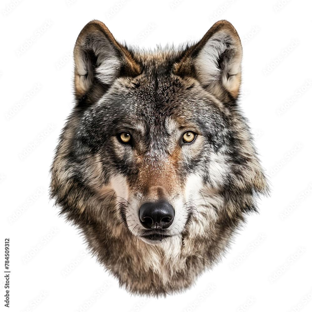 Extreme front view of realistic wolf head which is mounted on a wall isolated on a white transparent background