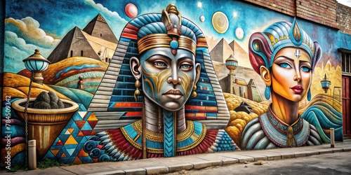 Beautiful street art on the walls of the Egyptian civilization, Illustrator: Graphic Art 3D