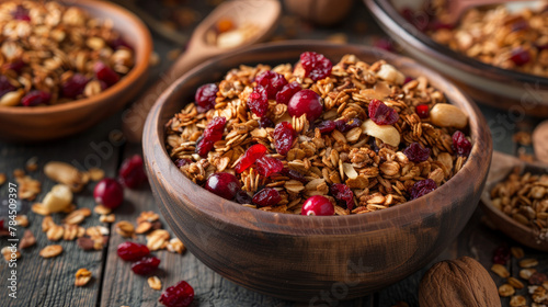 Introducing our homemade granola! Packed with crunchy nuts and sweet cranberries, it's a wholesome breakfast treat.