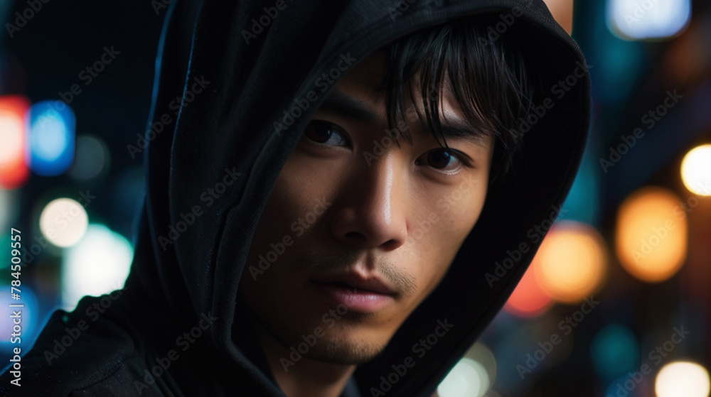 Closeup portrait of an attractive young Japanese man in street full of bright glowing neons in the background