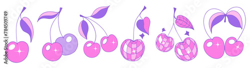 Cute cherry set y2k 90s style. Berry girly icon for card, sticker, print design. Pink glamour vector illustration