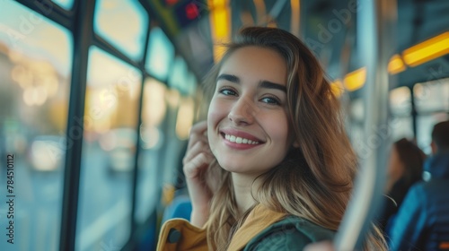 Young smiling woman holds onto handle while traveling by public bus and standing