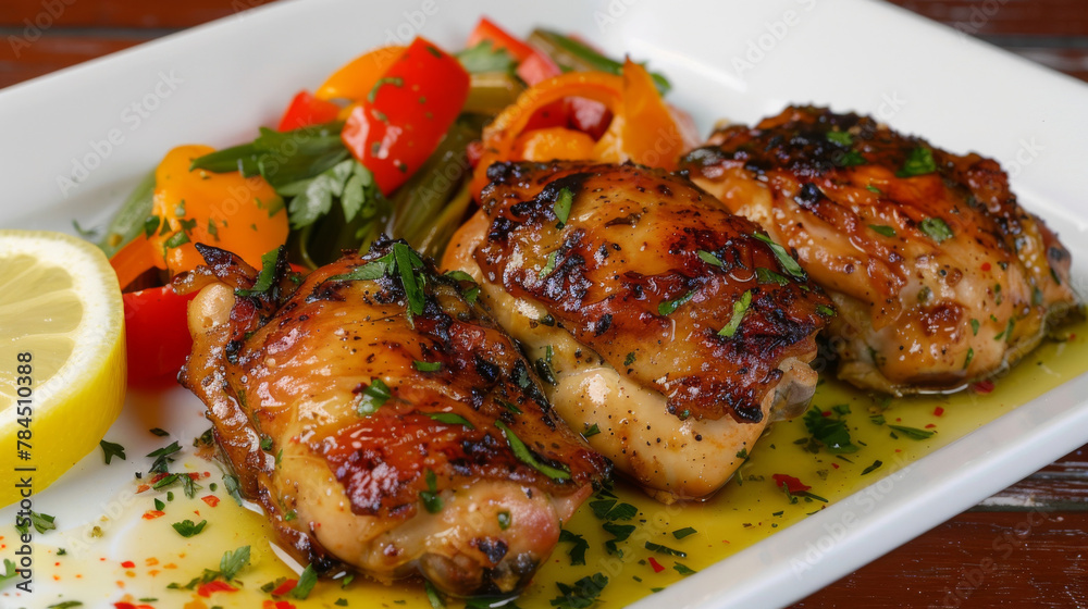 Juicy grilled chicken thighs with fresh lemon, served with colorful veggies on a white plate Juicy grilled chicken thighs with fresh lemon, served with colorful veggies on a white plate