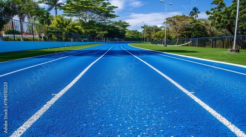 A blue running track is detailed with a separate white line in the straight area  emphasizing the specifics of track design for athletic competitions