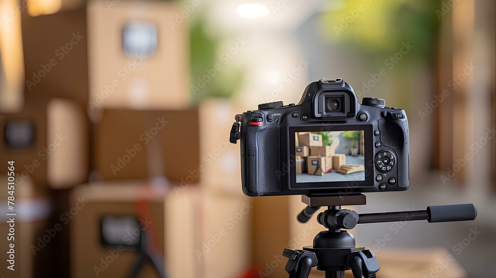 Illustrate an e-commerce scenario where a seller promotes products by holding cardboard boxes in front of a camera. generative AI
