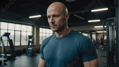 portrait of a middle-aged man with an athletic build in the gym, concept of health care and workout 