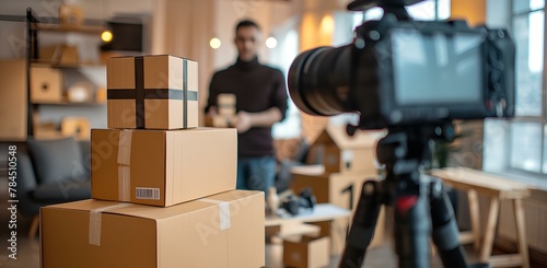 Illustrate an e-commerce scenario where a seller promotes products by holding cardboard boxes in front of a camera. generative AI