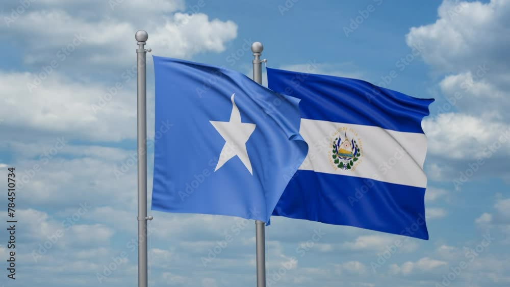 Republic of El Salvador and Somalia two flags waving together, looped video, two country cooperation concept Republic of El Salvador and Somalia two flags waving together, looped video, two country cooperation concept