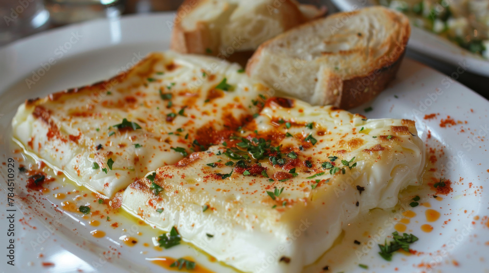 Provoleta cheese melted with herbs and accompanied by crispy bread slices Provoleta cheese melted with herbs and accompanied by crispy bread slices