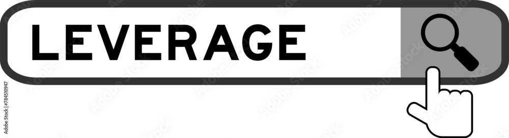 Search banner in word leverage with hand over magnifier icon on white background Search banner in word leverage with hand over magnifier icon on white background