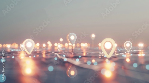 A conceptual 3D rendering presents a city with abstract connected location pins against a dull sky background, a navigation concept with a focus on interconnectedness and location tracking photo