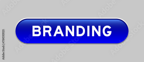 Blue color capsule shape button with word branding on gray background