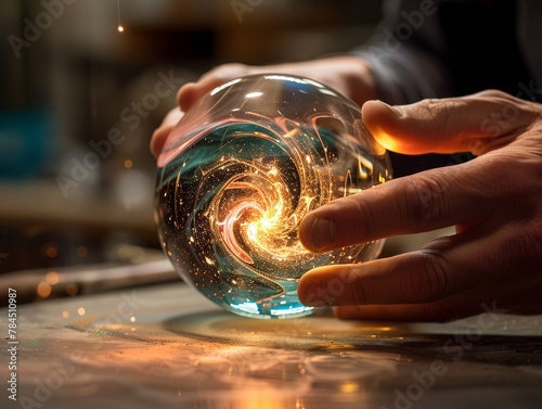 A glassblower molding orbs that contain miniature weather systems