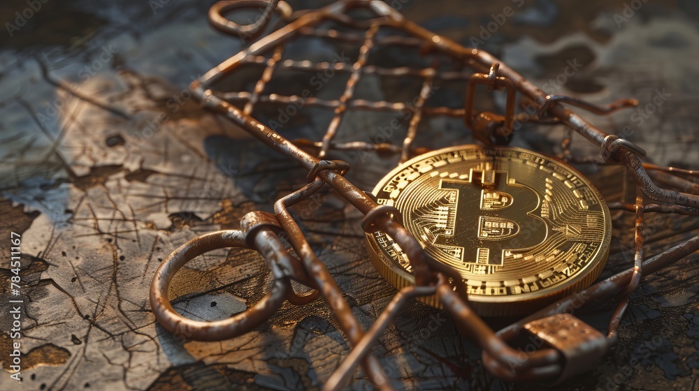 A gold Bitcoin caught in an iron trap, representing the risks of investing in cryptocurrency A gold Bitcoin caught in an iron trap, representing the risks of investing in cryptocurrency