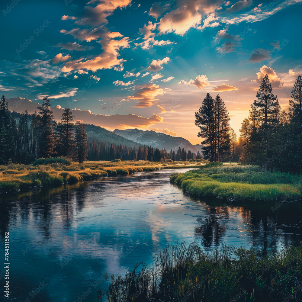 Fototapeta premium A beautiful landscape with a river and trees