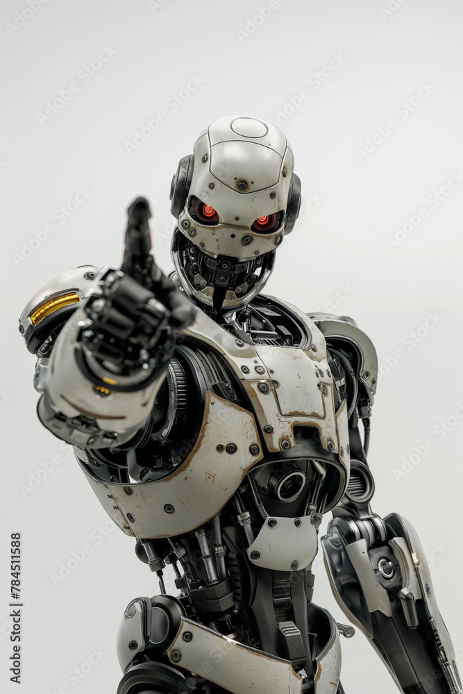 Futuristic combat android cyborg soldier points finger at you. Futuristic combat android cyborg soldier points finger at you.