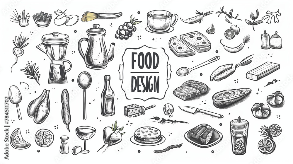 An engaging vertical pattern presents a delightful assortment of hand-drawn, black and white food items and culinary tools, suitable for a vibrant menu design. title 