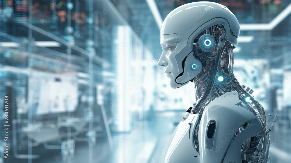 A humanoid robot stands in a lab overlooking the robotics work area. A humanoid robot stands in a lab overlooking the robotics work area.