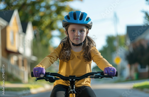 Photo of a young girl wearing a yellow long-sleeved shirt and blue helmet, riding her bike on the street in front of the yard
