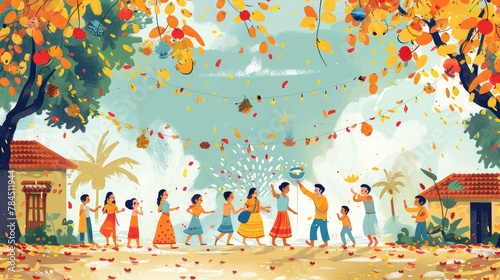 banner background National Bengali New Year (Poila Baisakh) Day theme, and wide copy space, A funny illustration of Bengali New Year superstitions, with characters engaging in rituals photo